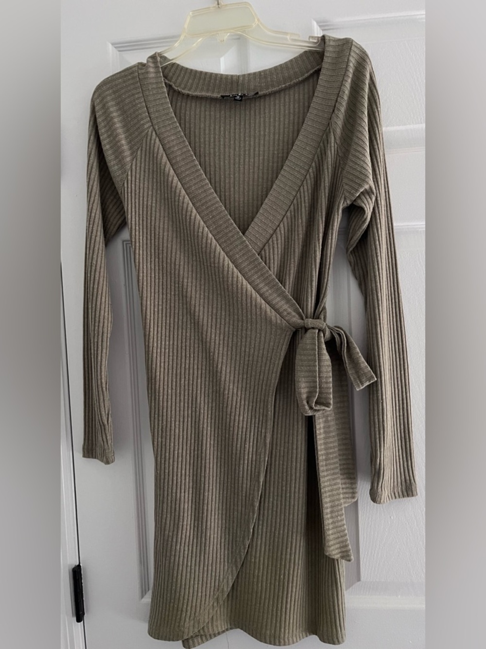 Lulu's Olive Taupe Ribbed Wrap V-Neck Sweater